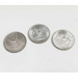 USA Morgan Silver Dollars - A run of three US Silver Dollars: 1880; 1900.0.; 1902.0. in approx.