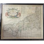 ROBERT MORDEN. Hand coloured map of Cornwall, 18th century. Framed and Glazed 41.5cm x 50cm