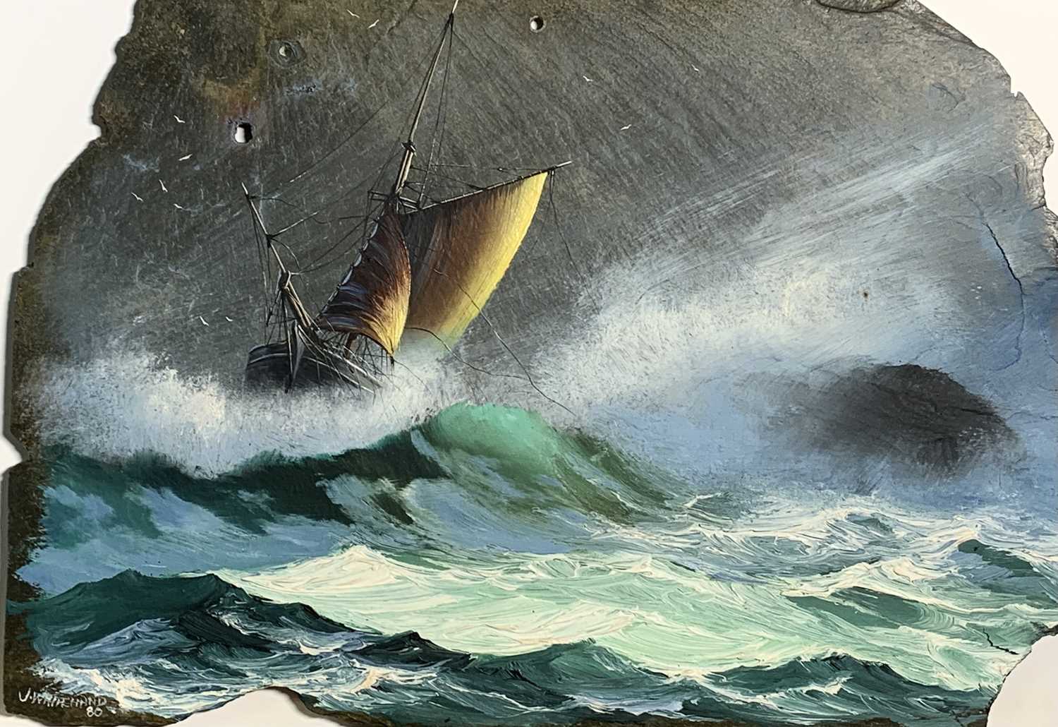 Michael J. WHITEHAND (1941) Lugger in Heavy Seas Oil on slate Signed and dated 80 26x37cm Together - Image 2 of 5