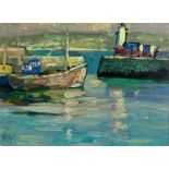 Bob VIGG (1932-2001)Harbour Entrance, NewlynOil on boardSignedArtists label to verso14 x
