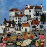 Brenda KING (1934-2011)Street Market, CadaquesOil on board Signed and dated '91Further signed and