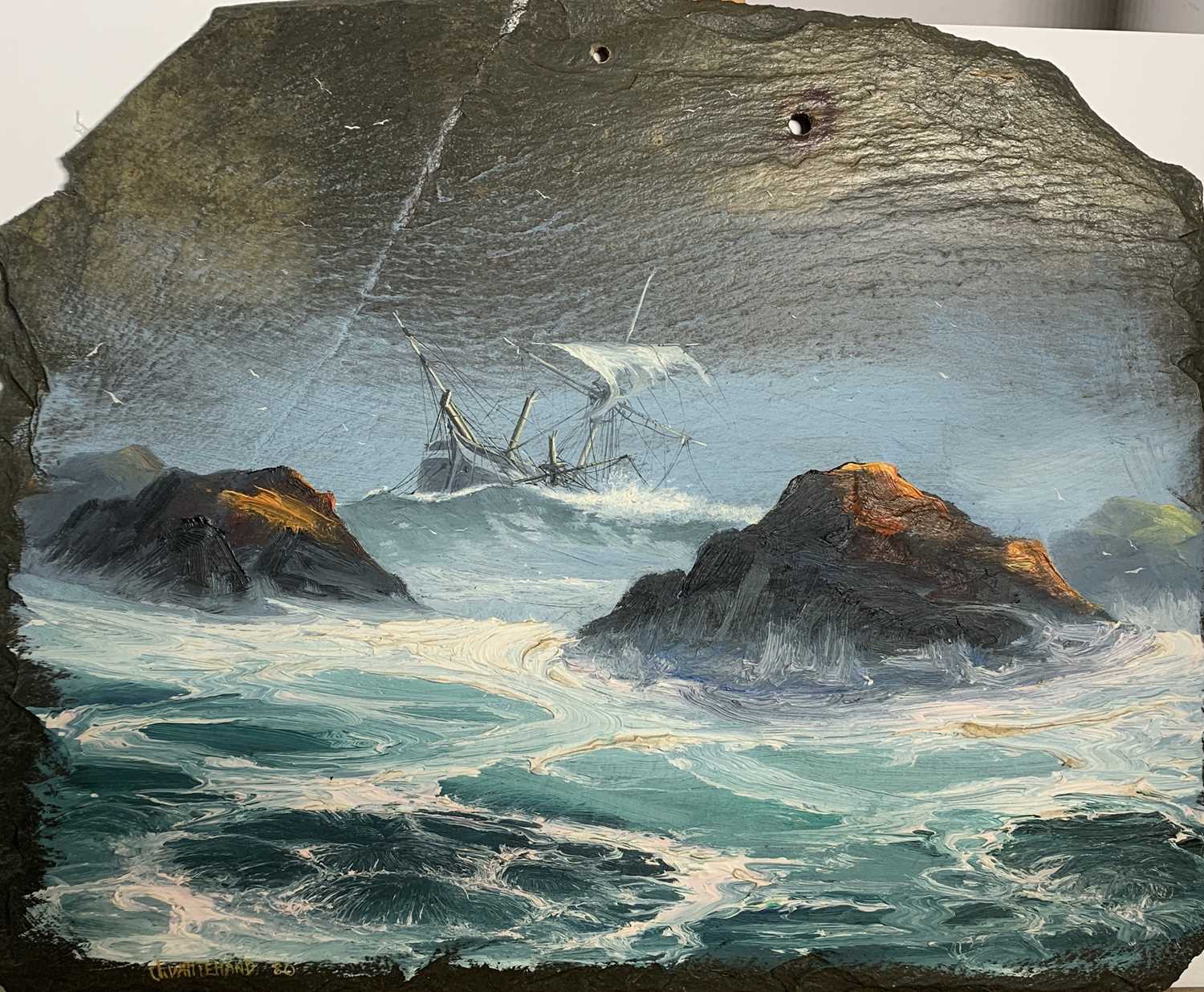 Michael J. WHITEHAND (1941) Lugger in Heavy Seas Oil on slate Signed and dated 80 26x37cm Together - Image 3 of 5