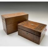 A Victorian walnut and inlaid rectangular box, width 30cm (lacks interior), together with an oak