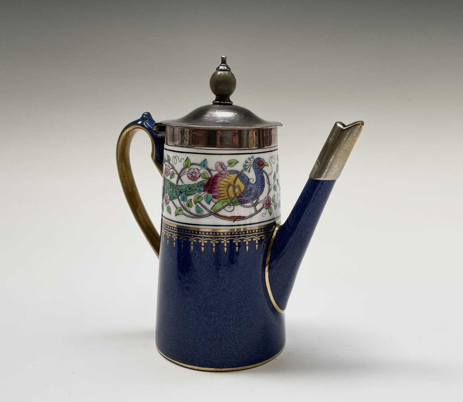 A Wedgwood part coffee set, decorated in blue and gilt with a floral entwined peacock border, - Image 2 of 14