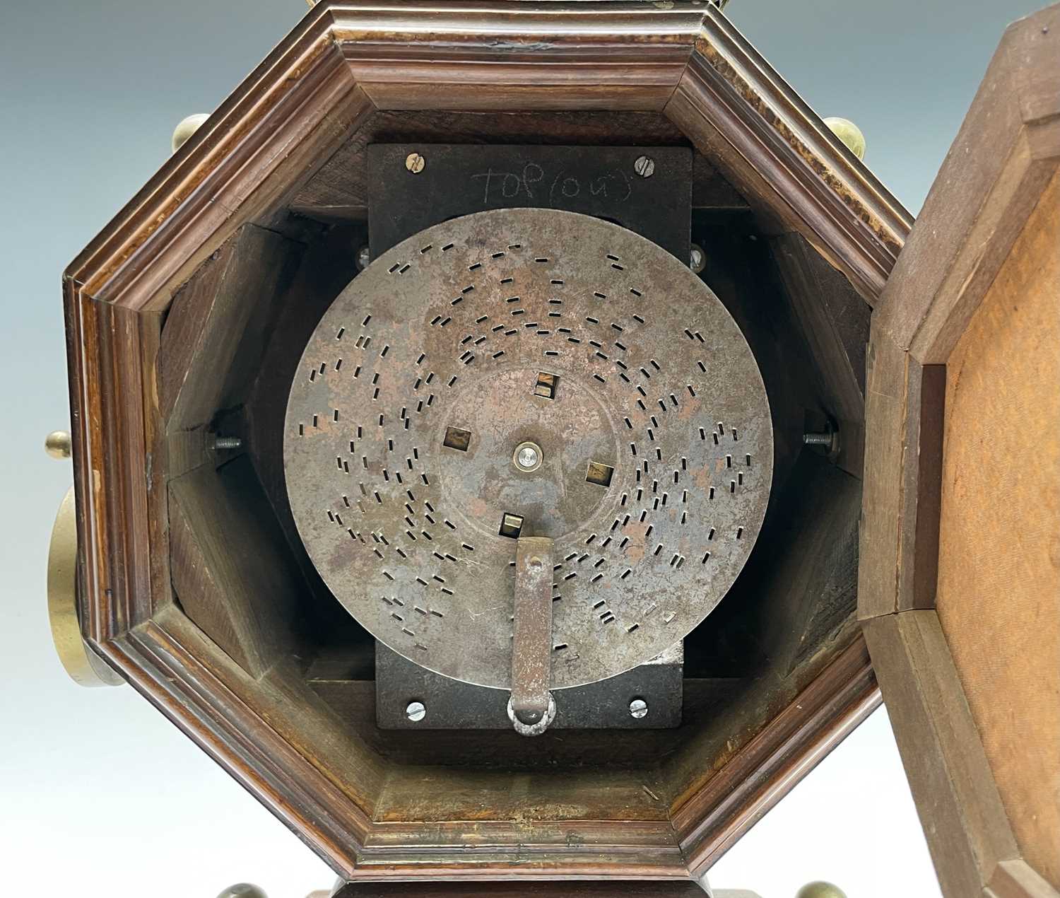 A German walnut and brass mantel clock, circa 1900, in the Aesthetic taste, with octagonal case - Image 6 of 11