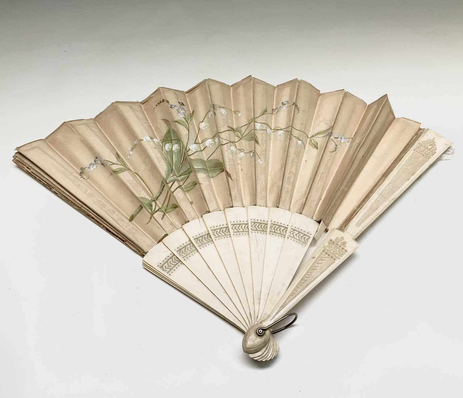 A Victorian bone fan, with floral painted silk decoration, height 30cm and other various fans. - Image 4 of 7