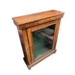 A Victorian inlaid walnut side cabinet, the single glazed door and three shelves on turned bun feet,