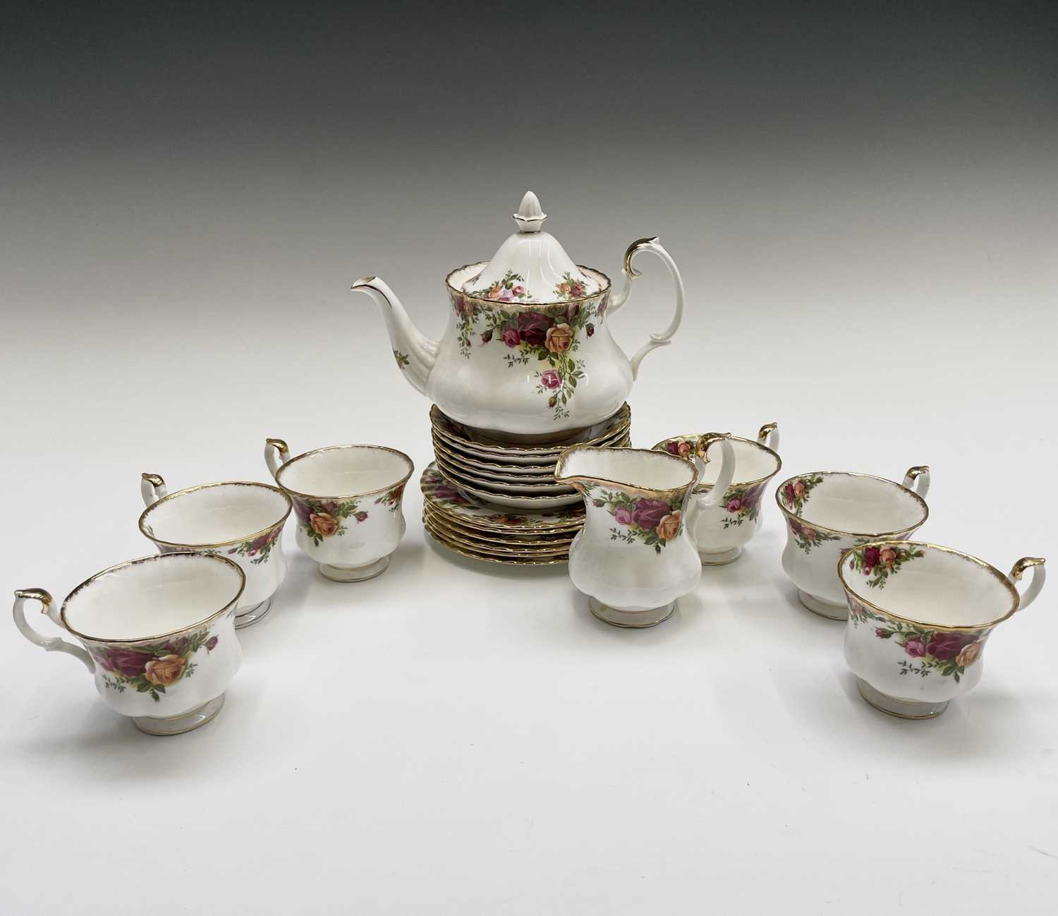 A Royal Albert 'Old Country Roses' tea set comprising teapot, milk jug, six cups, six saucers, and
