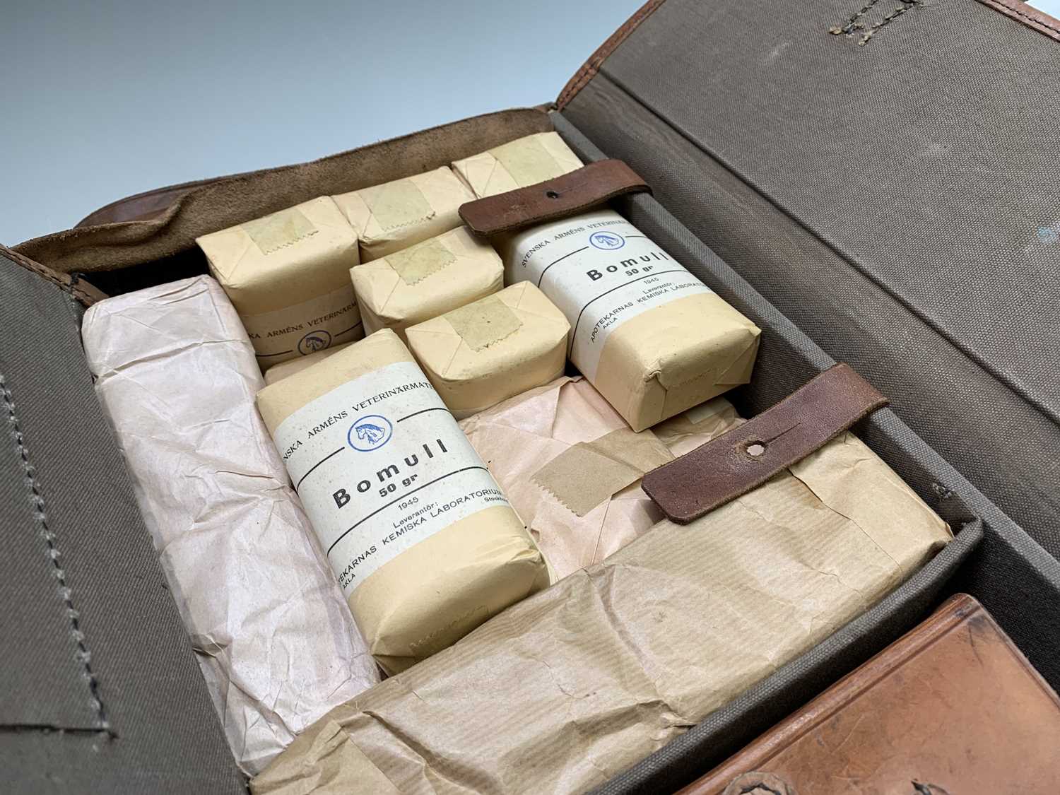 A World War II leather Swedish army veterinary case, with contents, many unopened, mainly dated - Image 4 of 4