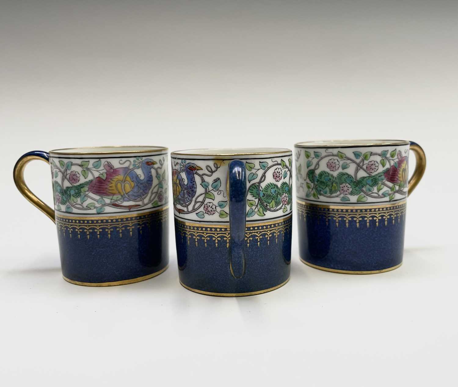 A Wedgwood part coffee set, decorated in blue and gilt with a floral entwined peacock border, - Image 7 of 14