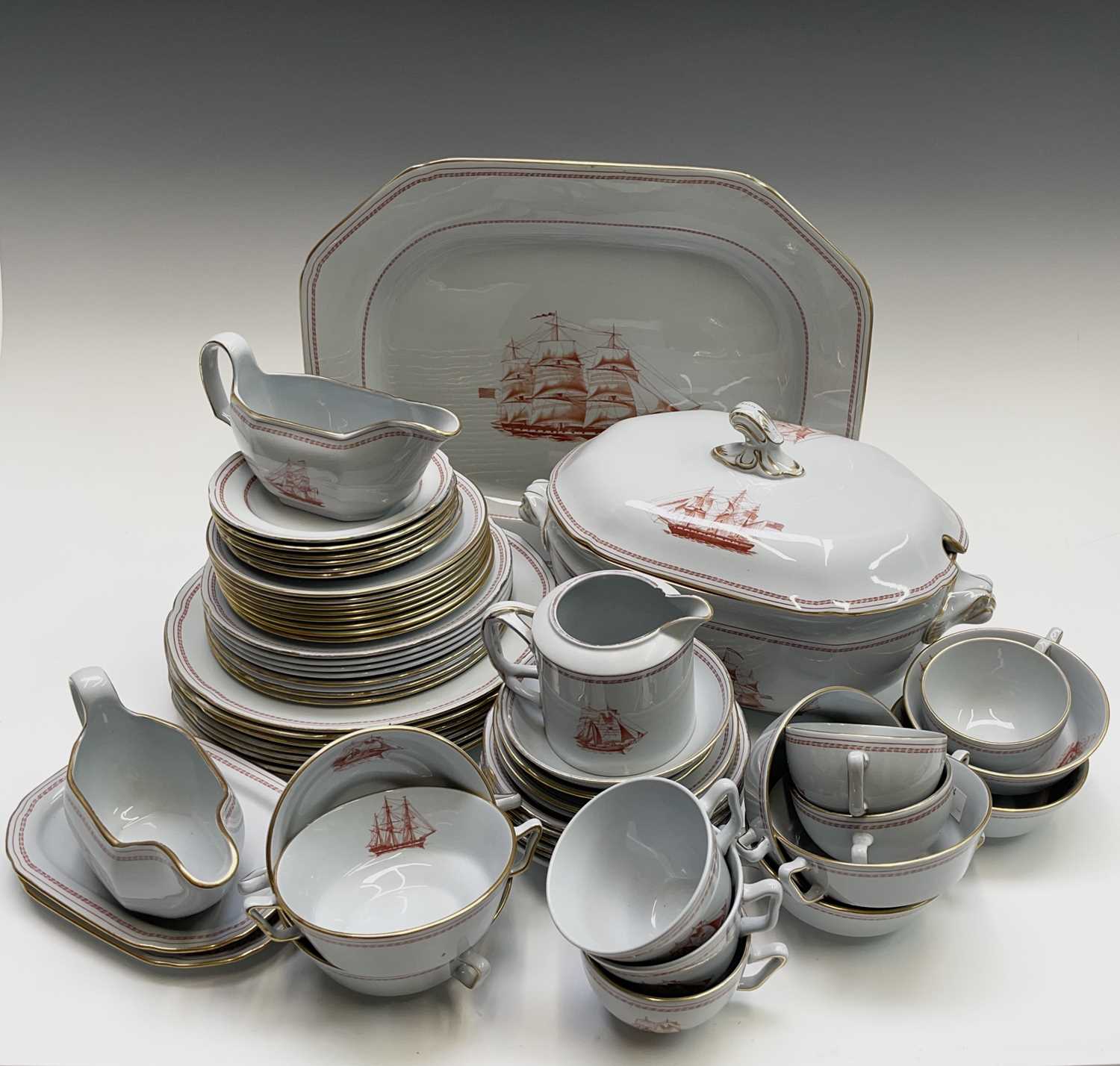 A Spode 'Trade Winds' pattern dinner service, comprising of a meat platter, tureen and cover,