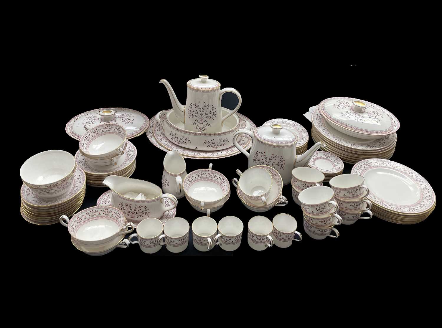 An extensive Royal Crown Derby 'Brittany' pattern dinner, tea and coffee service, comprising two