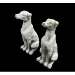 A pair of reconstituted stone seated whippet garden ornaments. Height 33cm.