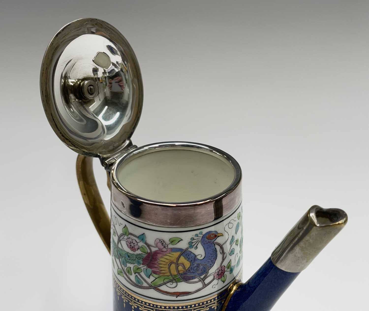 A Wedgwood part coffee set, decorated in blue and gilt with a floral entwined peacock border, - Image 4 of 14