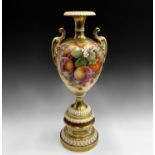 A good large Worcester fruit painted pedestal vase, signed David Fuller, late 20th century,