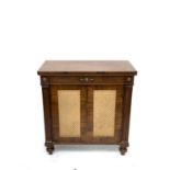 A Regency rosewood side cabinet, the doors with brass grille insets, flanked by fluted pillars on