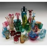 A selection of Victorian and later glass, to include a pair of satin glass ewers with hand painted