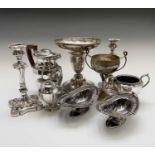An Arts and Crafts style silver plated twin handled trophy or goblet with a planished finish, height