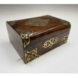 A Victorian burr walnut and brass mounted workbox, with fitted lift-out tray, containing sundry