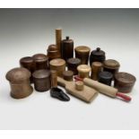 A collection of treen jars and containers, and to include a Mauchline ware cylindrical pencil or