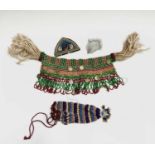 Tribal beaded collar with brass and white metal coins, together with a beaded drawstring purse and