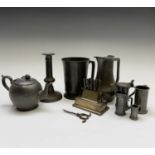 A Victorian pewter quart tankard, height 16cm, together with other pewter including an Art Nouveau