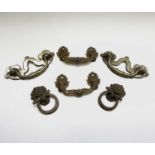 Three pairs of brass cabinet carrying handles, 18th/19th century, length 16.5cm, 14.5cm and 5.5cm.