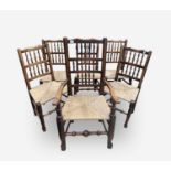 A matched set of six Lancashire spindle back dining chairs, 19th century, including one armchair,