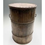 A 19th century coopered elm grain bin of cylindrical form. Height 54cm, diameter 36.5cm.