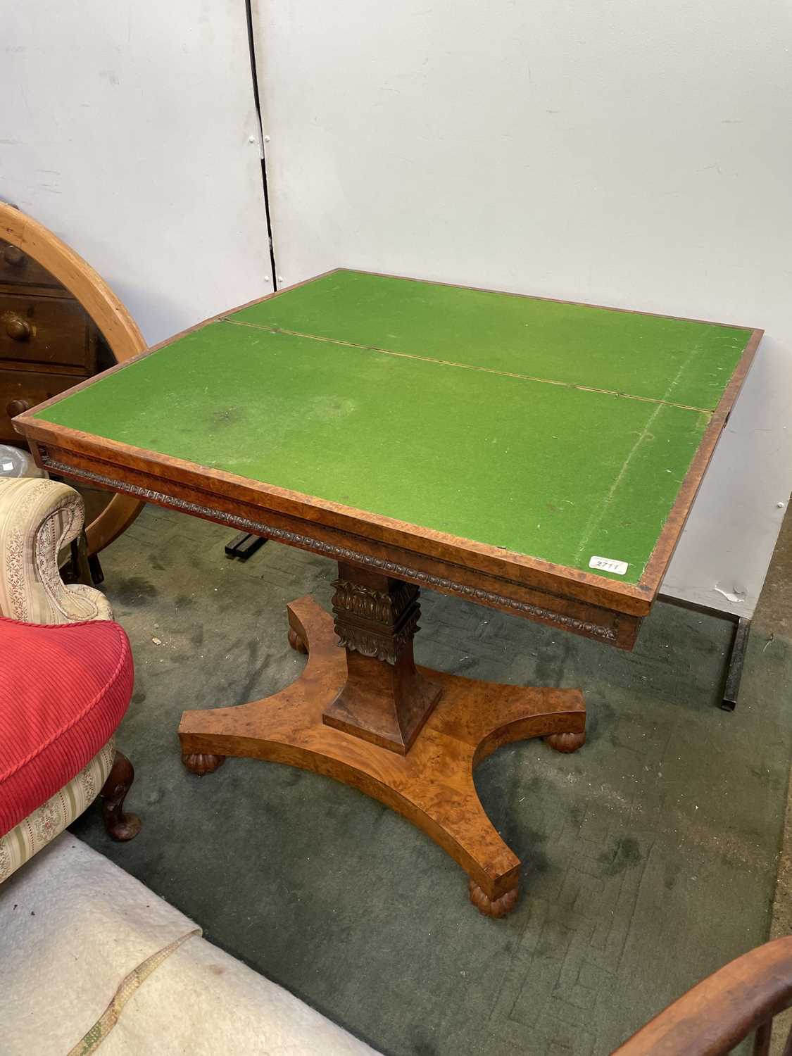 A rare George IV burr yew wood veneered fold top card table, the panelled frieze with bobbin moulded - Image 3 of 9