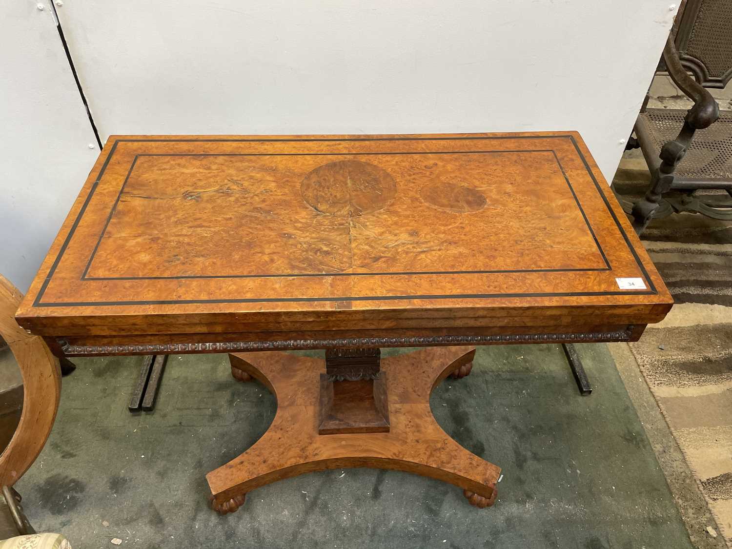 A rare George IV burr yew wood veneered fold top card table, the panelled frieze with bobbin moulded - Image 6 of 9