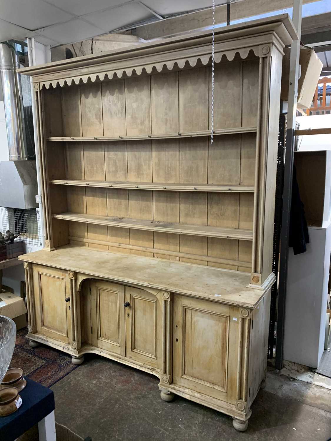 A Cornish pine kitchen dresser, 19th century, of large proportions, with moulded and arcaded frieze, - Image 2 of 17