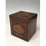 A George III burr walnut and inlaid mahogany tea caddy, of square form and with oval panels, the