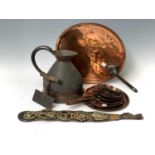 Miscellaneous metalwork to include nine Victorian copper pan lids, horse brasses, etc. Provenance: