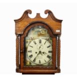 An oak and eight day longcase clock, early 19th century, with mahogany crossbanding, the arched dial