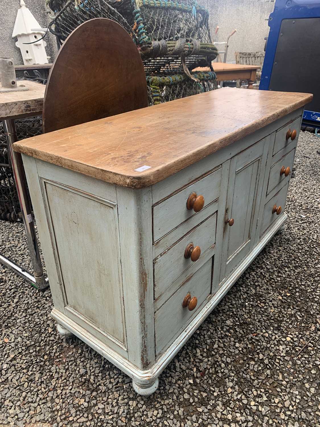 A Victorian painted pine low dresser, with a central panelled door flanked by six drawers, height - Image 2 of 15