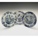 Three Delft plates, 18th century, largest diameter 23.5cm. Provenance:Michael Trethewey. A Gentleman