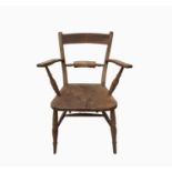 A beech and elm open armchair, 19th century, with a turned horizontal bar splat, solid elm seat,