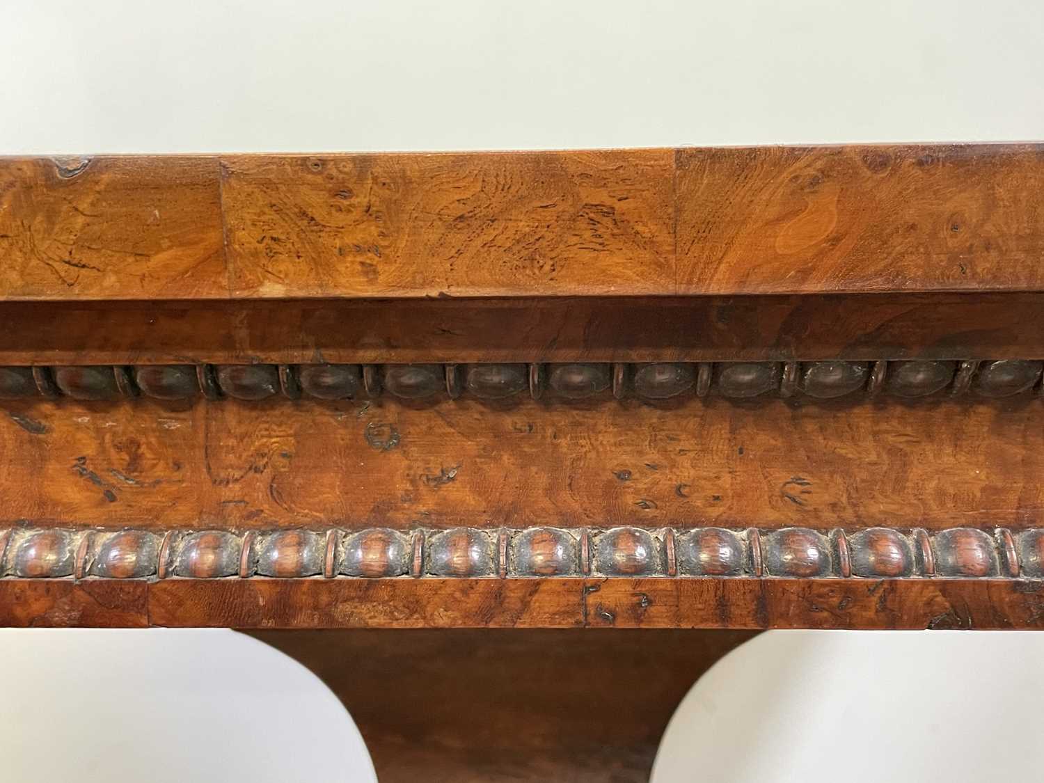 A rare George IV burr yew wood veneered fold top card table, the panelled frieze with bobbin moulded - Image 9 of 9