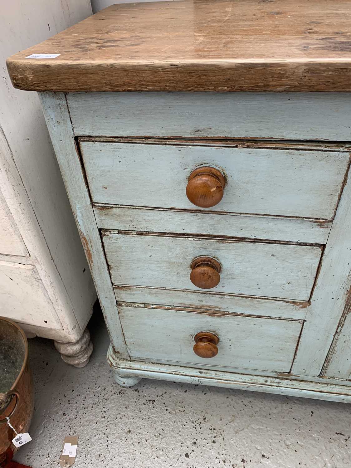 A Victorian painted pine low dresser, with a central panelled door flanked by six drawers, height - Image 8 of 15