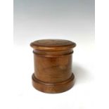 A Victorian treen cylindrical string box, the top with specimen woods and beneath the cover an