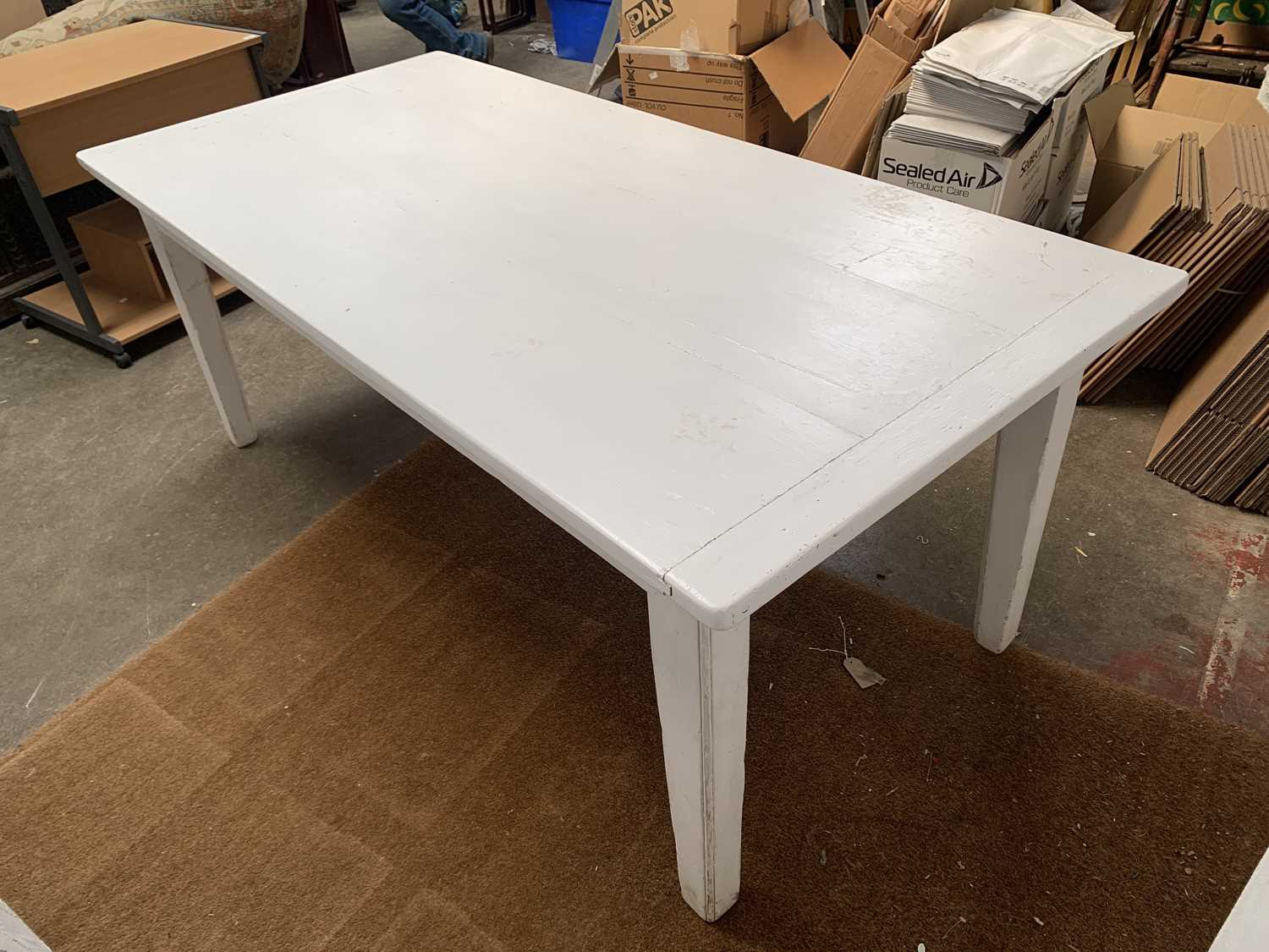 A white painted pine kitchen table, early 20th century, the triple plank top on square tapering - Image 3 of 3