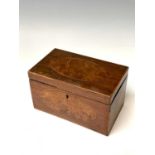 A George III burr walnut and mahogany tea caddy, the interior with two lidded compartments, height