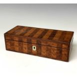 An early 19th century burr walnut banded, satinwood and rosewood glove box, height 7cm, width