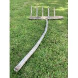 An old wooden hay rake, length 147cm, width 68cm.