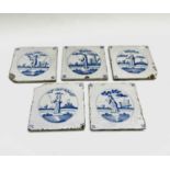 A set of five Dutch Delft blue and white tiles, 17th/18th century, 13 x 13.5cm. Provenance:Michael