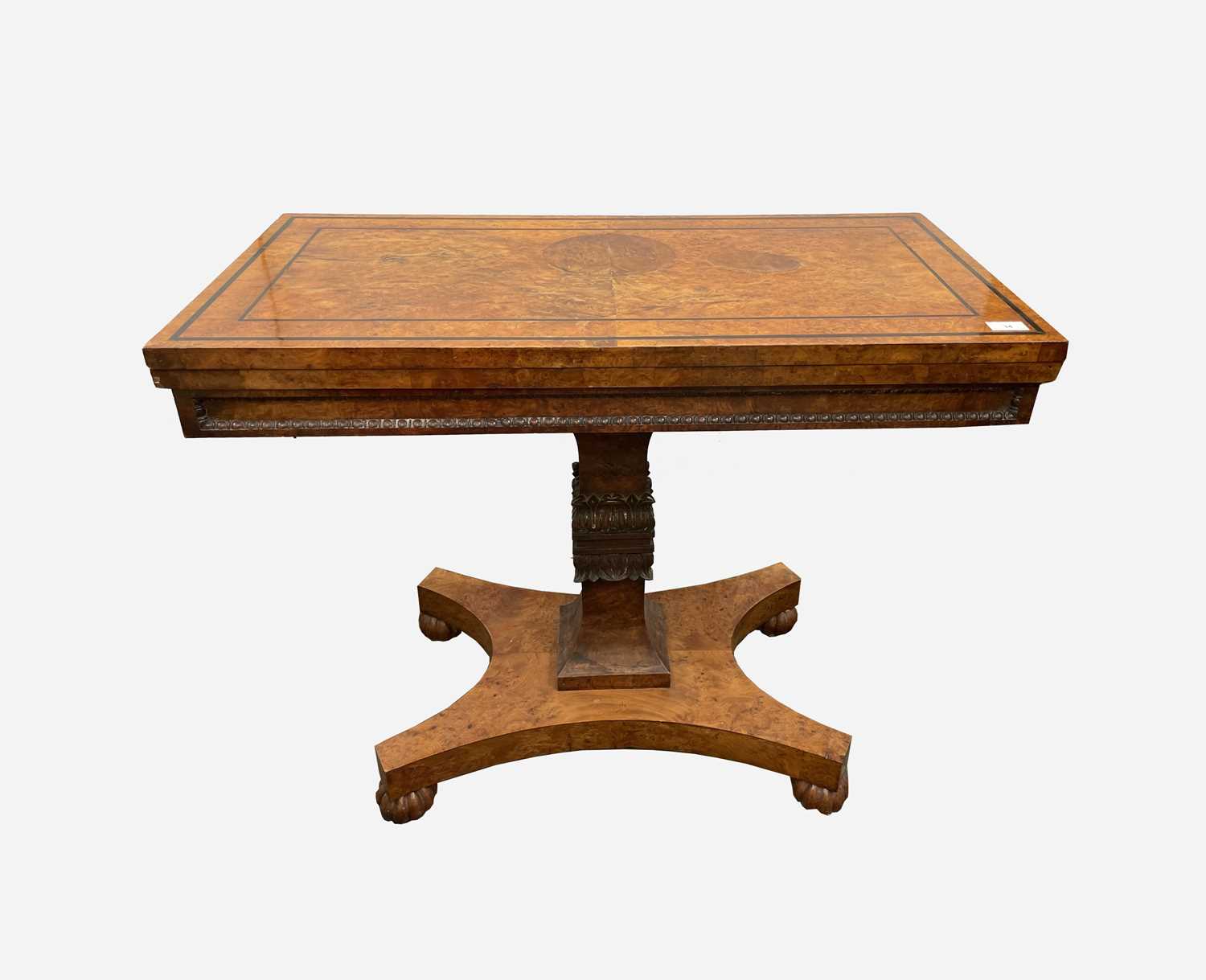A rare George IV burr yew wood veneered fold top card table, the panelled frieze with bobbin moulded
