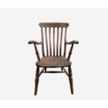 A Victorian beech and elm lathe back armchair, height 109cm, width 55.5cm.