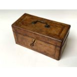 A George II walnut cross and feather banded tea caddy, with brass handle to the cover, height