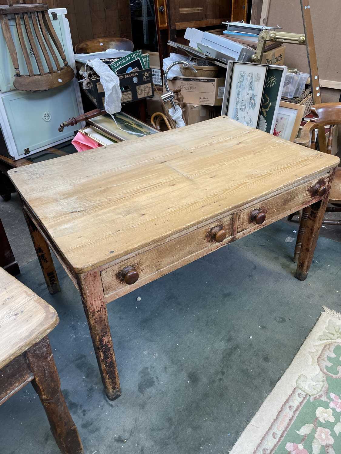 A Victorian pine kitchen table, the rectangular top with rounded corners, on partly turned square - Image 2 of 3